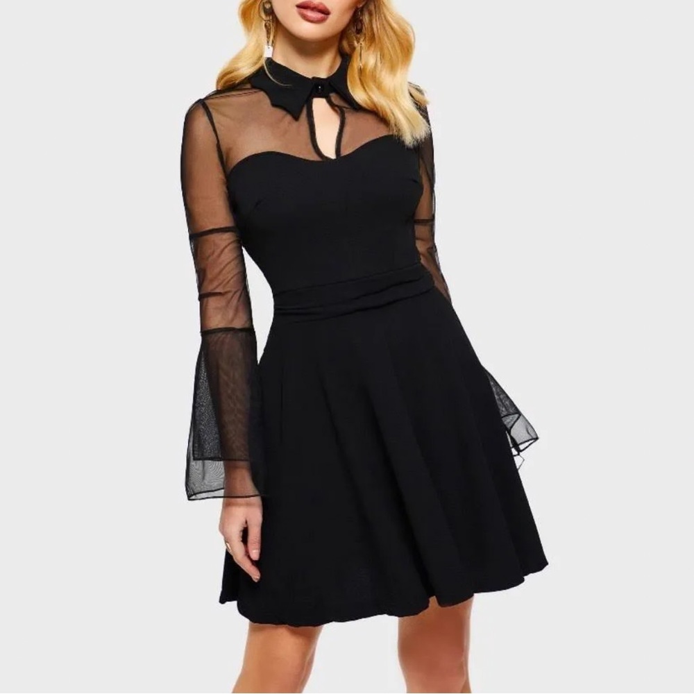 The Gossamer Bat Dress sheer illusion wednesday addams bat collar bell sleeve XL